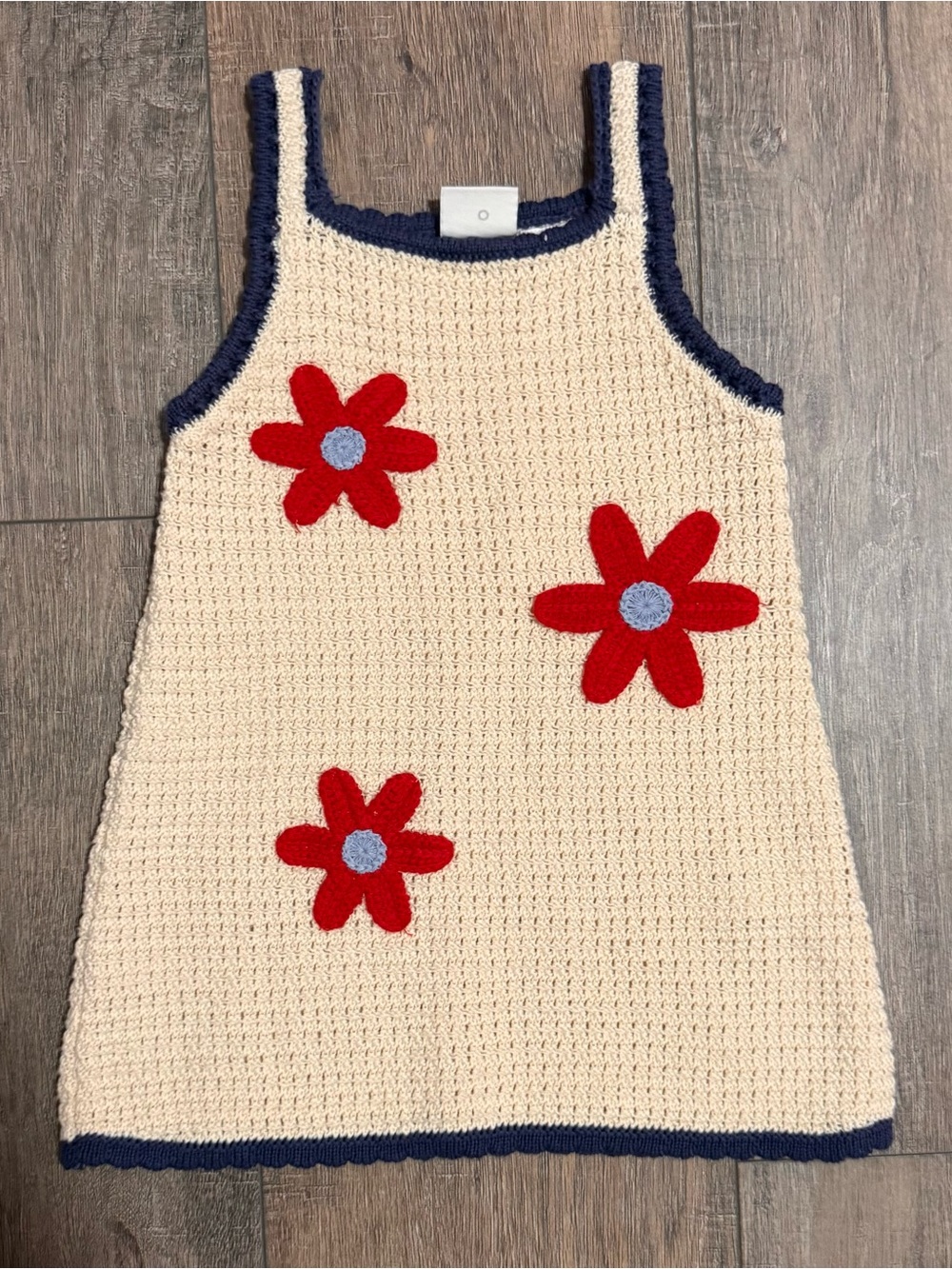 Zara Cream Crochet Tank Dress with Red Flower Appliqués and Navy Trim